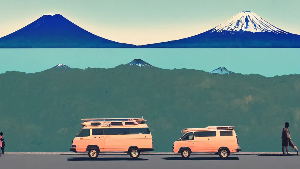 Image similar to a scene of camper travellers touring at yamanaka lake overlooking mount fuji, japan, a collage painting, in the style of wes anderson, lola dupre, david hockney, isolated on negative white space background dark monochrome neon spraypaint accents volumetric octane render