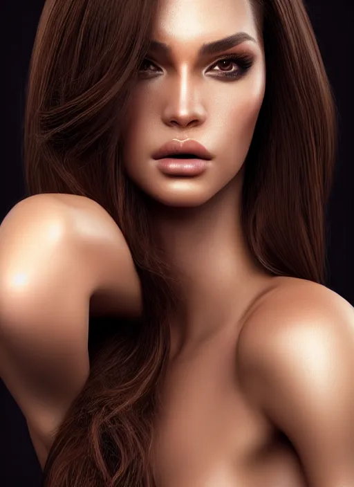 Image similar to a gorgeous female with long brown, hair photo by steven klein, realistic, full body shot, wide angle, sharp focus, 8 k high definition, insanely detailed, intricate, elegant, art by stanley lau and artgerm, floating embers