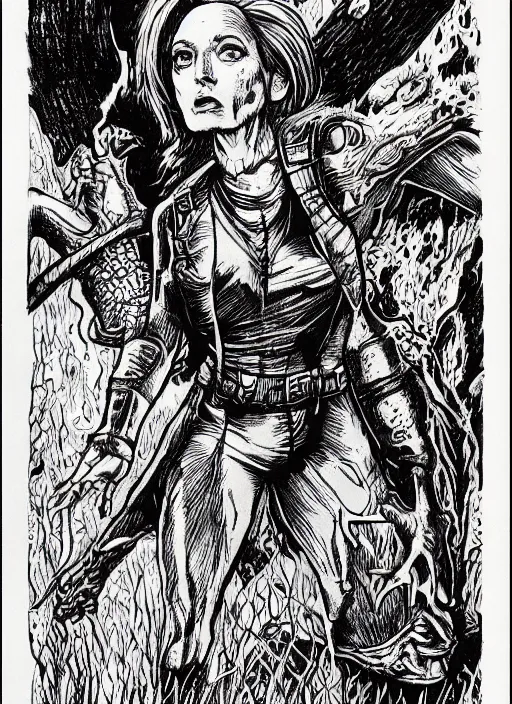 Prompt: dana scully as a D&D monster, full body, pen-and-ink illustration, etching, by Russ Nicholson, DAvid A Trampier, larry elmore, 1981, HQ scan, intricate details, Monster Manula, Fiend Folio