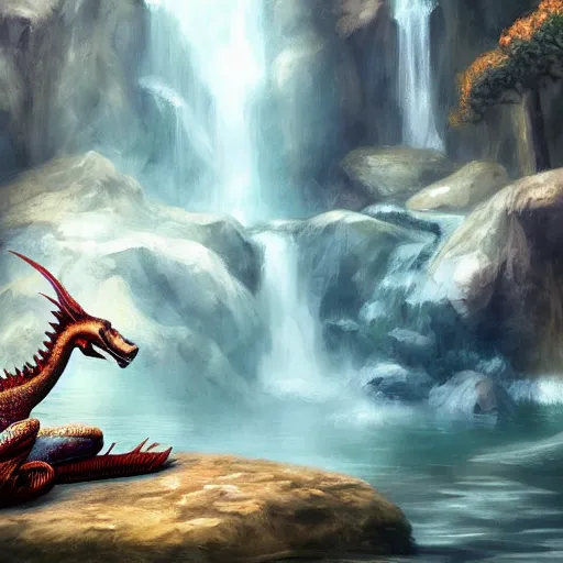 Image similar to beautiful photoshop commission of a slender dragon relaxing by a waterfall, digital painting, artstation, art by Jaime Jones