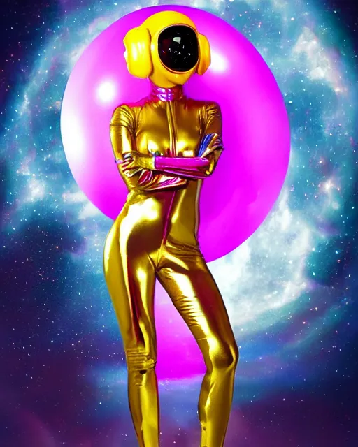 Prompt: Glossy color nikon photograph of beautiful sexy voluptuous seductive lady alien extraterrestrial with large iridescent faceted bug eyes, standing in front of a glowing spacecraft, blue feathered antennae coming out of her head, dark grey and yellow mottled skin, sexy skintight pink and silver spacesuit, standing in front of a spacecraft near a lake, scifi, futuristic, realistic, cinematic lighting, hyperdetailed, concept art, award winning art by Mort Kunstler and Robert Maguire