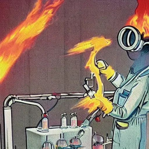 Prompt: colour photograph of a laboratory where a scientist with a flamethrower fights off the giant omega death virus which is attacking him with its tentacles.