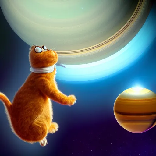 Image similar to Garfield floating in space, eating one of Saturn's rings, matte painting, detailed texture, zbrush, render, 4k