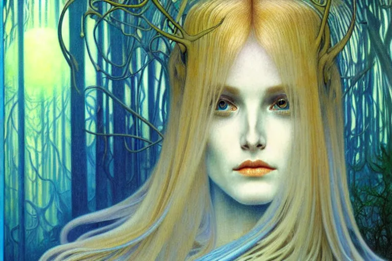 Image similar to realistic detailed portrait painting of a beautiful ghost woman with blond hair with an alien, futuristic sci-fi forest on background by Jean Delville, Amano, Yves Tanguy, Alphonse Mucha, Edward Robert Hughes, Roger Dean, rich moody colours, blue eyes