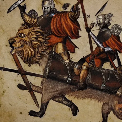 Prompt: Dog warriors riding lions into battle, medieval weapons and armour