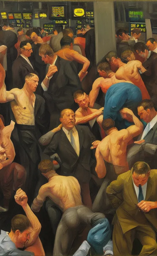 Prompt: Oil painting of mens in newyork stock exchange trading floor bearish markets droped fighting each other by Lucian Freud, Abstract brush strokes, Masterpiece, Edward Hopper and James Gilleard, Zdzislaw Beksinski, Mark Ryden, Wolfgang Lettl highly detailed, hints of Yayoi Kasuma