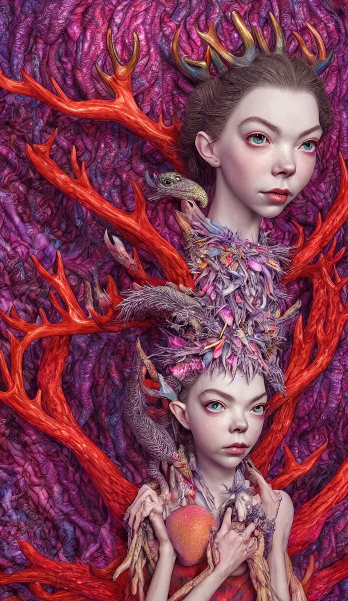 Prompt: hyper detailed 3d render like a Oil painting - kawaii portrait Aurora (a beautiful skeksis queen from dark crystal that looks like Anya Taylor-Joy with hooves and antlers) seen red carpet photoshoot in UVIVF posing in scaly dress to Eat of the Strangling network of yellowcake aerochrome and milky Fruit and His delicate Hands hold of gossamer polyp blossoms bring iridescent fungal flowers whose spores black the foolish stars by Jacek Yerka, Ilya Kuvshinov, Mariusz Lewandowski, Houdini algorithmic generative render, Abstract brush strokes, Masterpiece, Edward Hopper and James Gilleard, Zdzislaw Beksinski, Mark Ryden, Wolfgang Lettl, hints of Yayoi Kasuma, octane render, 8k