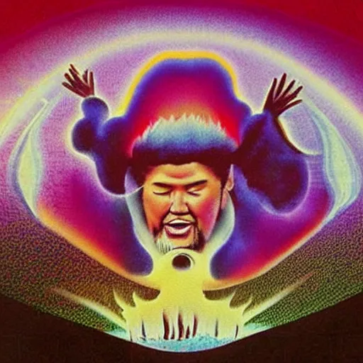 Image similar to 8 0 s new age album cover depicting a mushroom cloud in the shape of guy fieri, very peaceful mood