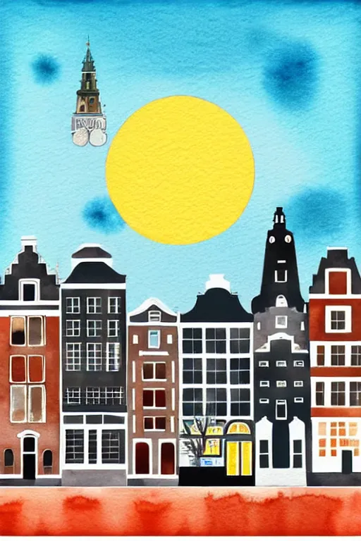 Image similar to minimalist watercolor art of amsterdam at sunset, illustration, vector art