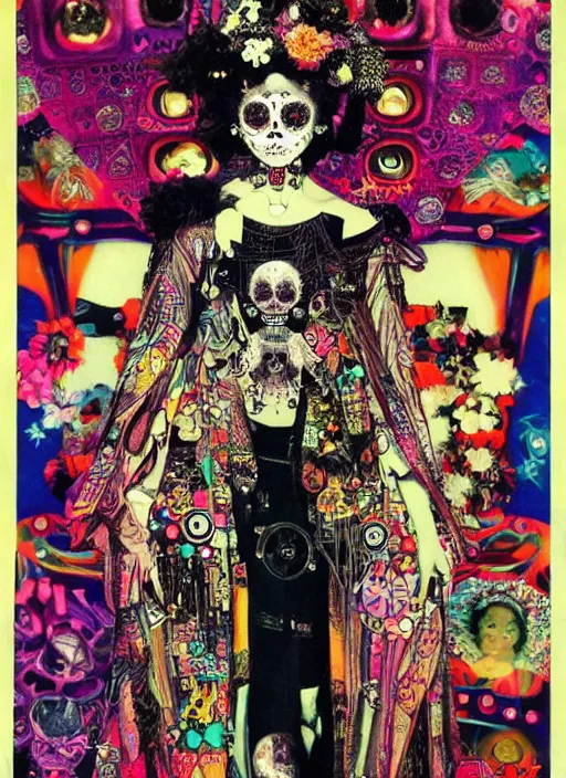 Prompt: cute punk goth fashion hippy fractal Día de los Muertos android girl wearing kimono made of circuits posing by Zhang Jingna, psychedelic poster art by Hannah Höch Käthe Köllwitz Victor Moscoso Rick Griffin Alphonse Mucha Edward Munch Ayami Kojima