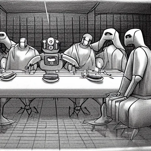 Image similar to last supper realistic robot , A Monster Emerges - trending on art station , depth of field