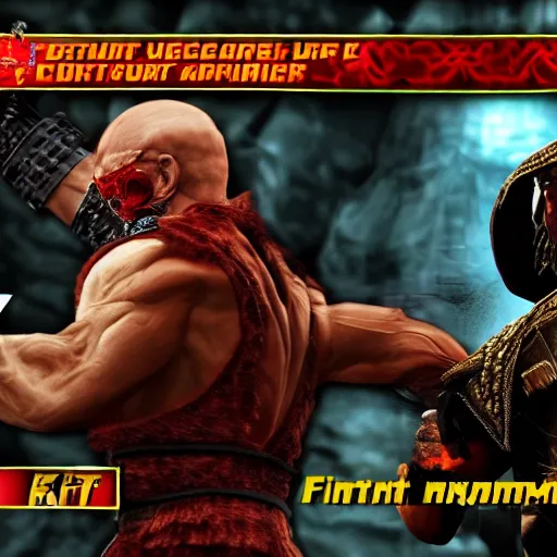 Image similar to vladimir putin as mortal kombat fighter, fight versus scorpion, highly detailed, blood and meat, fighting screenshot, 4 k,