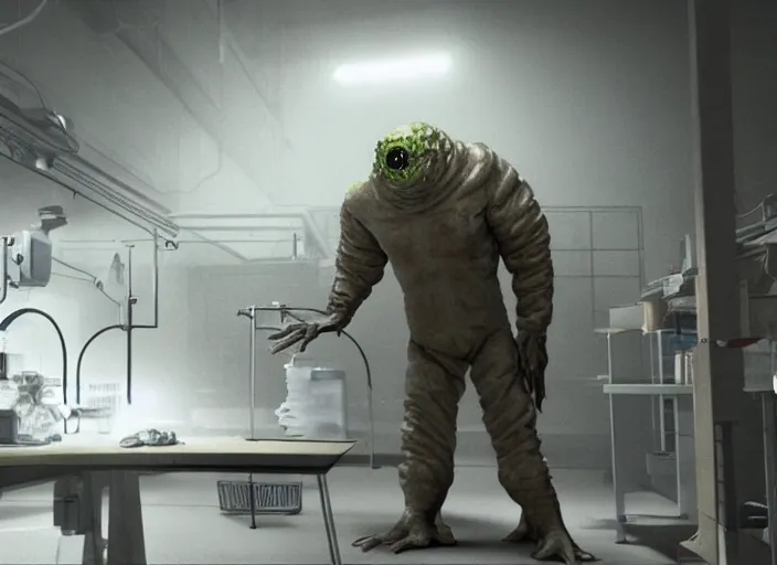 Prompt: a massive slimy flesh creature grows out of control in a grungy science lab, horror movie scene, one single man in a hazmat suit, ray tracing