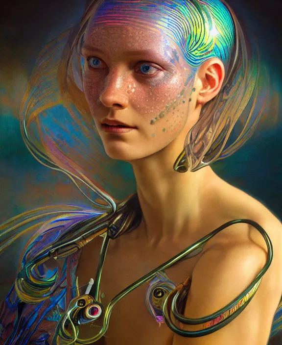 Image similar to intricate iridescent portrait of a disturbing beautiful alien snake creature, mottling coloring, adorable, childlike, medical equipment hospital environment, ultra realistic, concept art, art nouveau, photorealistic, octane render, 8 k, unreal engine. art by christopher marley and artgerm and greg rutkowski and alphonse mucha