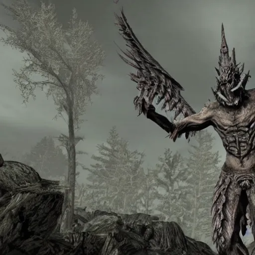 Prompt: screenshot of a horrid creature from Skyrim. It has angel wings, no eyes, and has long fingers with sharp teeth.