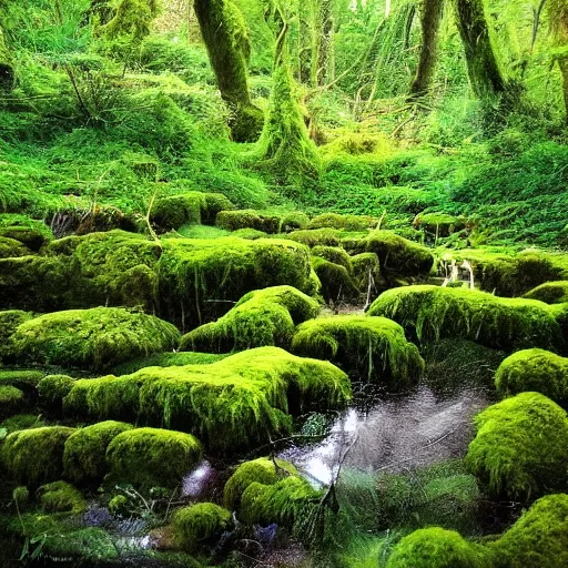 Image similar to pools of water in a forest, as far as the eye can see, the wood between the worlds, narnia, lush green forest, moss,