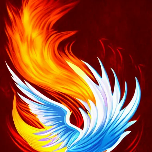 Prompt: white phoenix on flames orange purple background stylised poster art neat graphic design style holistic