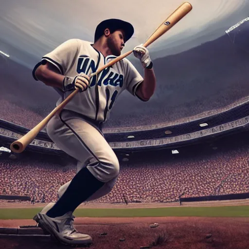 Image similar to baseball player hitting the ball with the baseball bat in the middle of the game and in front of everyone in the stadium, james gurney painting style, greg rutkowski, artstation, octane render, unreal engine 5