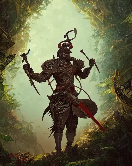 Prompt: 3d render of a spanish conquistador wearing ornate armor in a dense jungle, art by Peter mohrbacher and Dan mumford and studio ghibli and disney concept artists, fantasy, intricate octane, trending on artstation, studio ghibli color scheme, detailed, 8k, concept art, anatomy