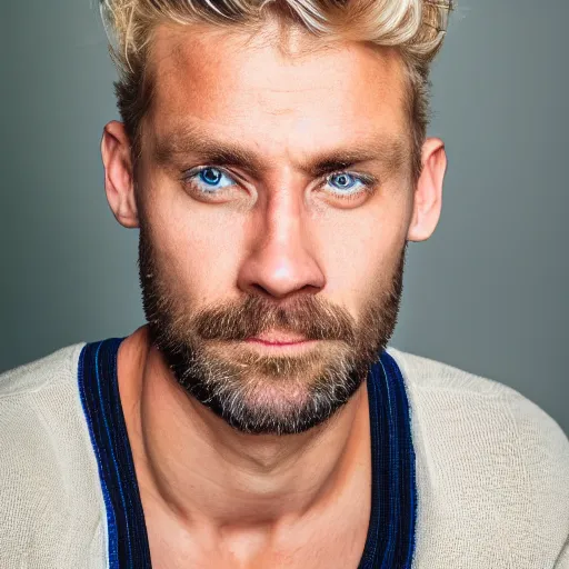 Prompt: close up of face of good looking 4 0 year old anglo slavic blond man with blond stubble, very short wavy blond hair in a short pompadour style, very dark blue eyes, portrait, 4 k