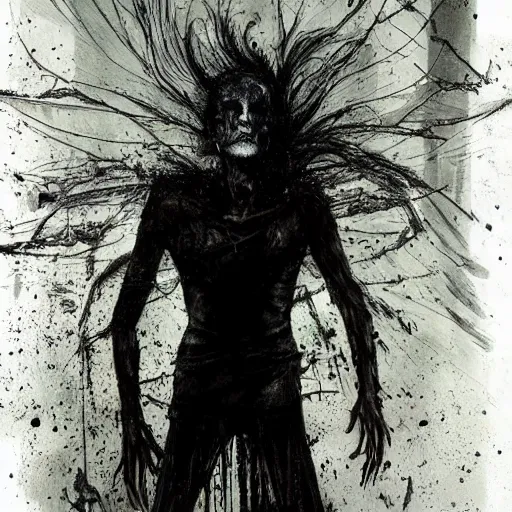 Image similar to emaciated ( the cure fan ) as dream from sandman, dim stars as eyes, by jeremy mann, by cedric peyravernay, by by russ mills, by richard avedon and ben templesmith, dramatic lightning, sadness, dark eye sockets, in the shadows, punk rock, gothic, high detailed, 8 k