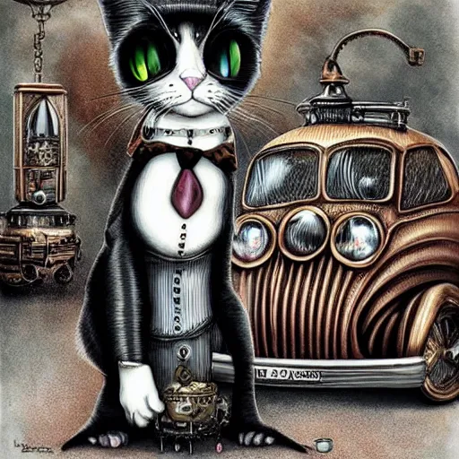 Prompt: steampunk cat, drinking car oil, hyper - realism, dark, grim, tim burton