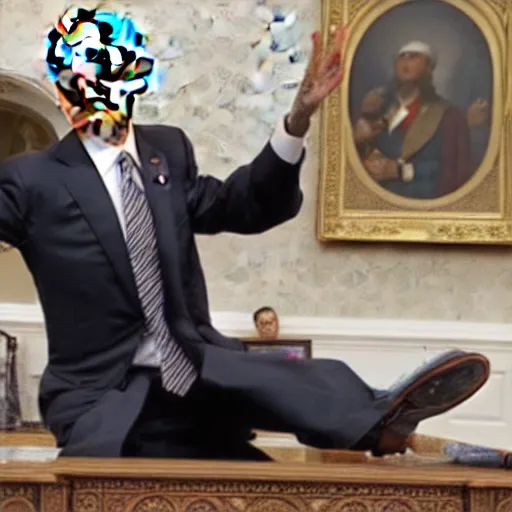 Prompt: barack obama breakdancing on the desk in the oval office