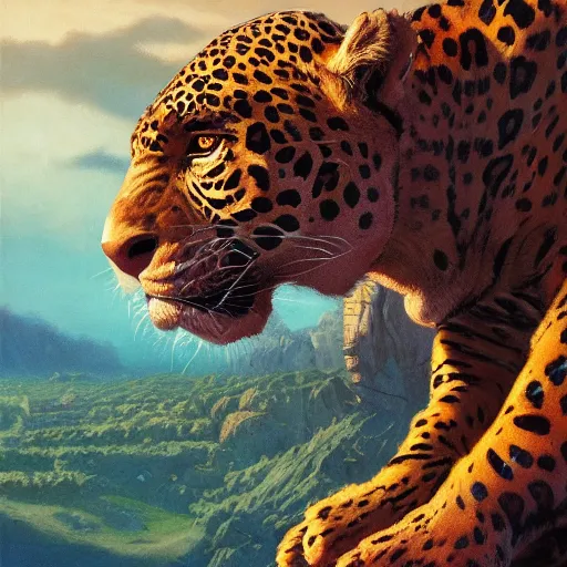 Prompt: mighty jaguar in summer nigt, beautiful colours, sharp textures, biotechnology, nikolay georgiev, alex ross, bruce pennington, donato giancola, larry elmore, masterpiece, oils on canvas, trending on artstation, featured on pixiv, cinematic composition, sharp, details, hyper - detailed, hd, hdr, 4 k, 8 k