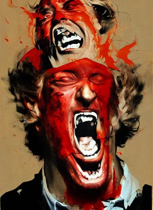 Image similar to bloated red faced sam hyde, screaming, painting by phil hale, fransico goya,'action lines '!!!, graphic style, visible brushstrokes, motion blur, blurry