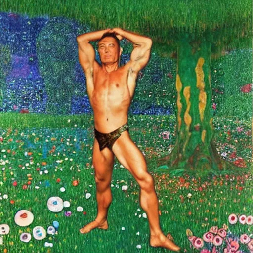 Image similar to a masterpiece full body portrait of jean Claude van Damme doing martial arts in an enchanted mushroom forest, by gustav klimt and nobuyoshi araki and Salvador dali and Leonardo da Vinci