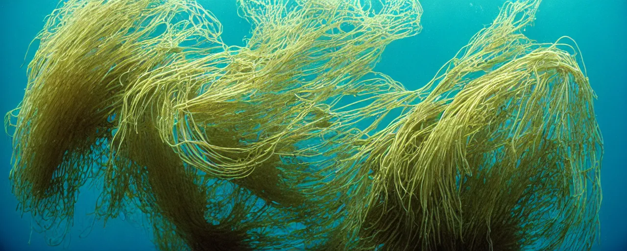 Image similar to spaghetti growing underwater like seaweed, canon 5 0 mm, in the style jacques cousteau, kodachrome