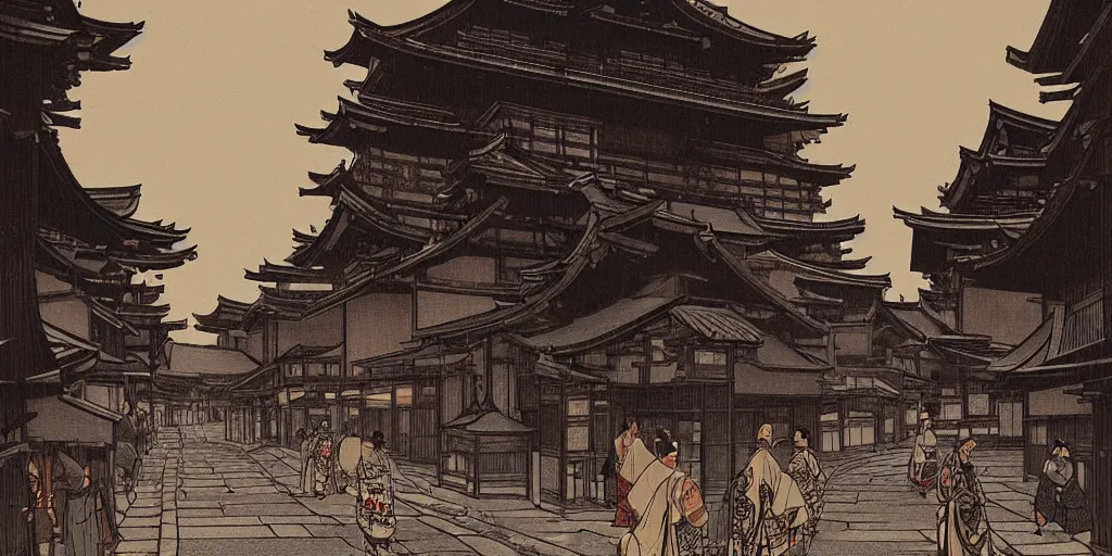 Prompt: feudal japan tokyo street at dusk, on a postcard!!!!!!!!, cinematic lighting!!, 4k, trending on artstation, intricate illustration, fast sketch!!!, rough, ultra detailed, art by albert bierstadt