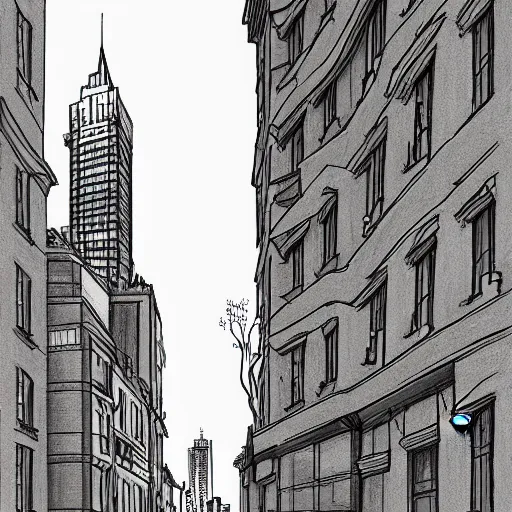 Image similar to a drawing of a city street with a tall building, a storybook illustration by carles delclaux is, behance contest winner, new objectivity, streetscape, storybook illustration, matte drawing