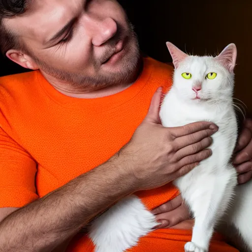 Image similar to a photo of a man with orange skin petting a cat, ultra high detail, 8 k.