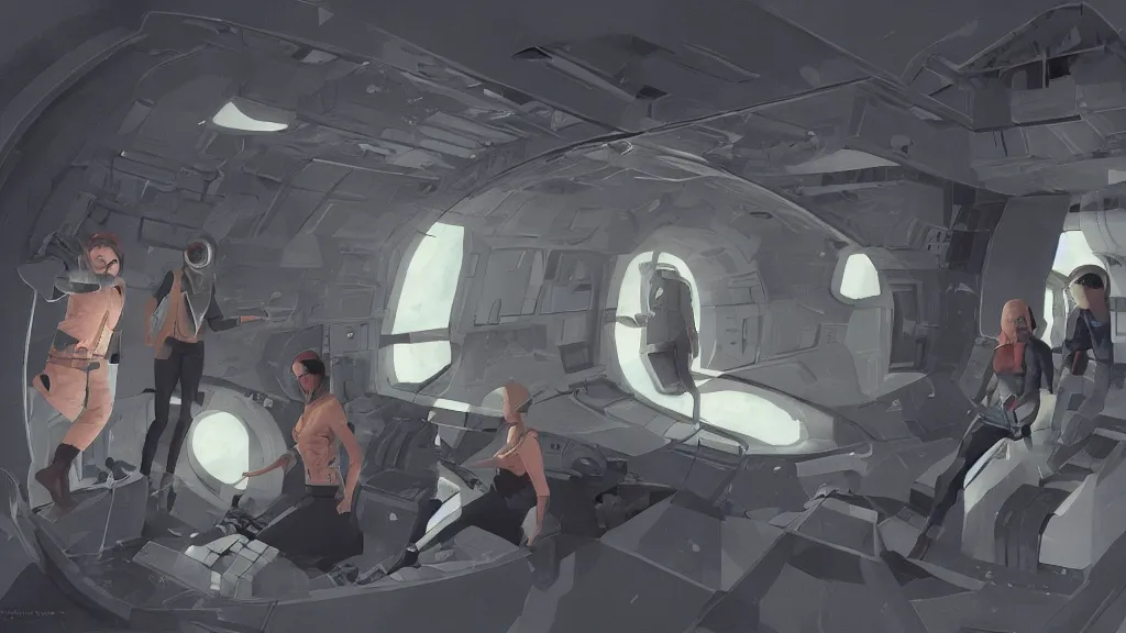 Image similar to all - female crew in a minimalistic, dark ( spaceship ), by jon foster, low poly.