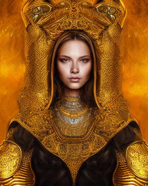 Image similar to digital painting portrait of woman in shining golden armor, high production value, intricate details, high resolution, hdr, high definition, masterpiece, realistic, ultrarealistic, highly detailed, hd, sharp focus, non blurry, sharp, smooth
