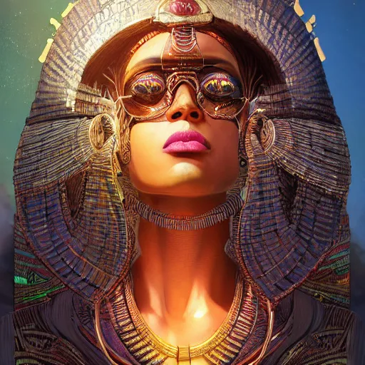 Image similar to highly detailed portrait of an african neon egyptian goddess, intricate alien technology, stephen bliss, unreal engine, fantasy art by greg rutkowski, loish, rhads, ferdinand knab, makoto shinkai and lois van baarle, ilya kuvshinov, rossdraws, tom bagshaw, global illumination, radiant light, detailed and intricate environment