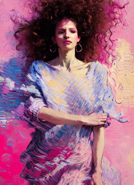 Image similar to portrait of a beautiful sensual woman, curly hair, smiling, ecstatic, dancing, shades of pink and blue, beautiful face, rule of thirds, intricate outfit, spotlight, by greg rutkowski, by jeremy mann, by francoise nielly, by van gogh, digital painting