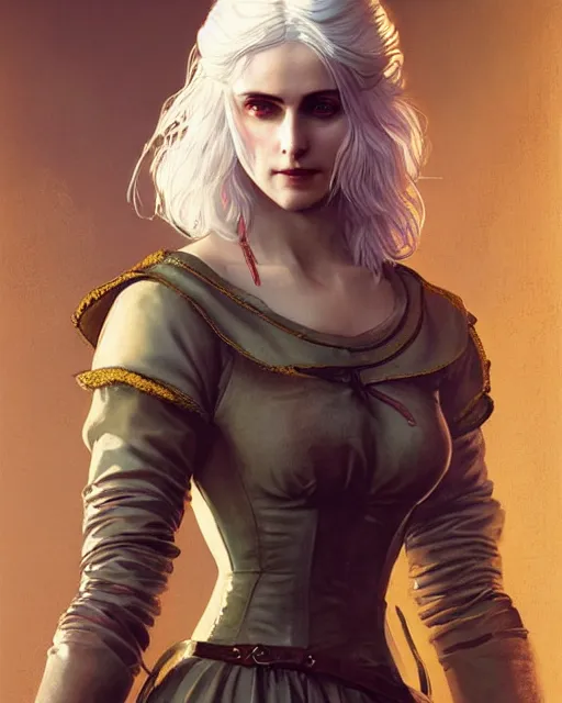 Prompt: Pre-Raphaelite Ciri from Witcher 3 by Artgerm and Greg Rutkowski, wearing haute couture by schiaparelli, sharp focus, sun rays, intricate, elegant, highly detailed, digital painting, pale