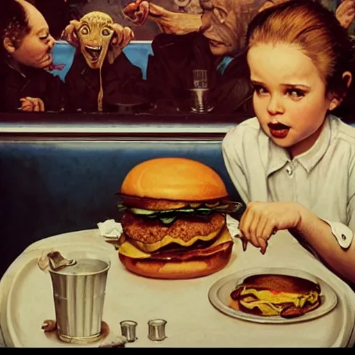 Image similar to hyper realistic, detailed beautiful cute alien, eating a cheeseburger, at a 5 0 s diner, painted by norman rockwell, greg rutkowski, john howe, wlop, artgerm