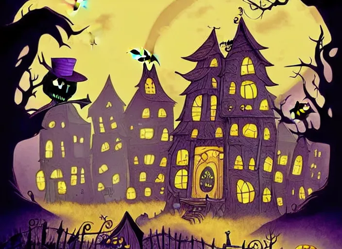 Image similar to Beautiful nostalgic digital art of a Halloween Town from Tim Burtons Nightmare Before Christmas in autumn at night by Brian Kesinger and Adrian Tomin