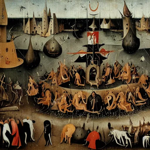 Image similar to hieronymous bosch painting of wall street filled with tortured bankers and suffering traders