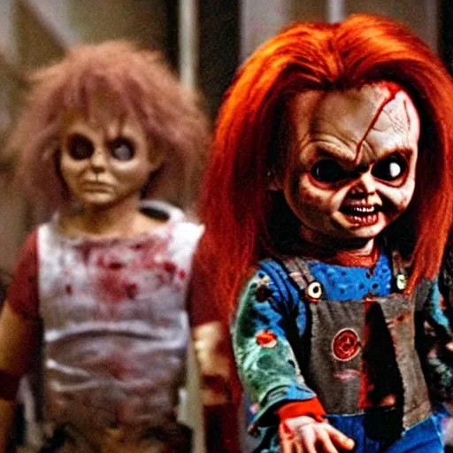 Prompt: Chucky the killer doll from the movie Child's Play surrounded by zombies in a still from the movie Dawn of the Dead 8k hdr