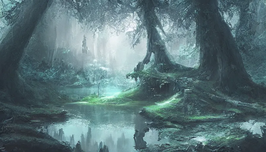 Image similar to sword stuck in a pond island, rainy enchanted forest of the ancients, moody high exposure, digital painting, concept art, photoshop speedpaint, by lihangw