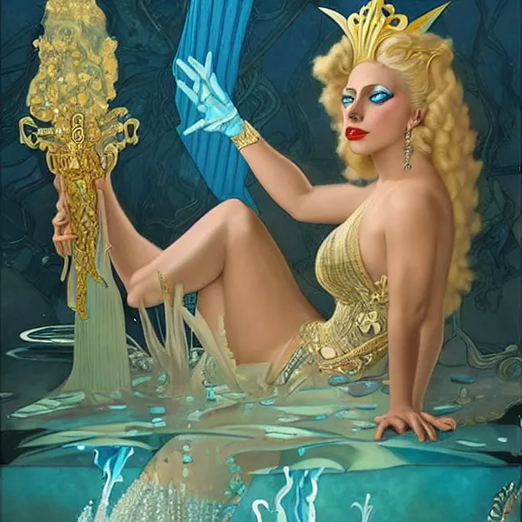 Image similar to lady gaga as princess kida the high queen of ancient atlantis, a beautiful art nouveau portrait by gil elvgren, beautiful underwater city environment, centered composition, defined features, golden ratio, silver jewelry, stars in her gazing eyes