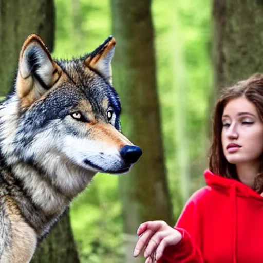 Image similar to in the forest, a timber wolf watches a blonde teenage girl wearing a red hoodie