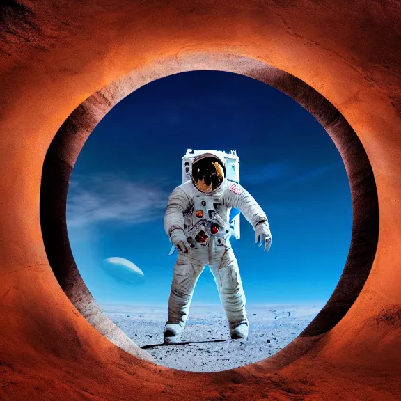 Image similar to wide shot a circular portal opened in an empty field showing an astronaut on the surface of mars on the other side. hyper realistic, 4 k