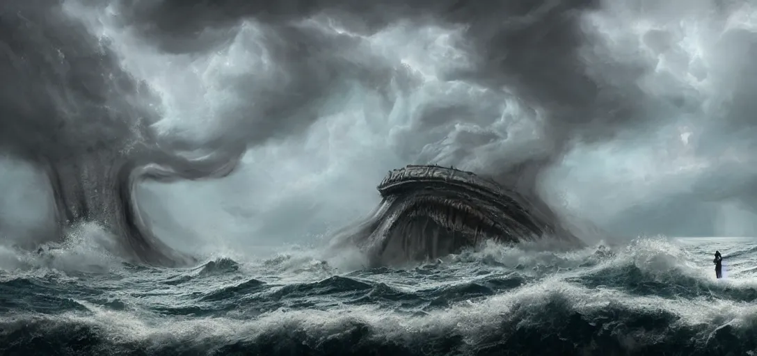 Image similar to wild ocean storm during the day, a giant kraken emerging from water, dramatic lighting, cinematic, establishing shot, extremly high detail, foto realistic, cinematic lighting, post processed, concept art, artstation, matte painting, style by eddie mendoza, raphael lacoste, alex ross