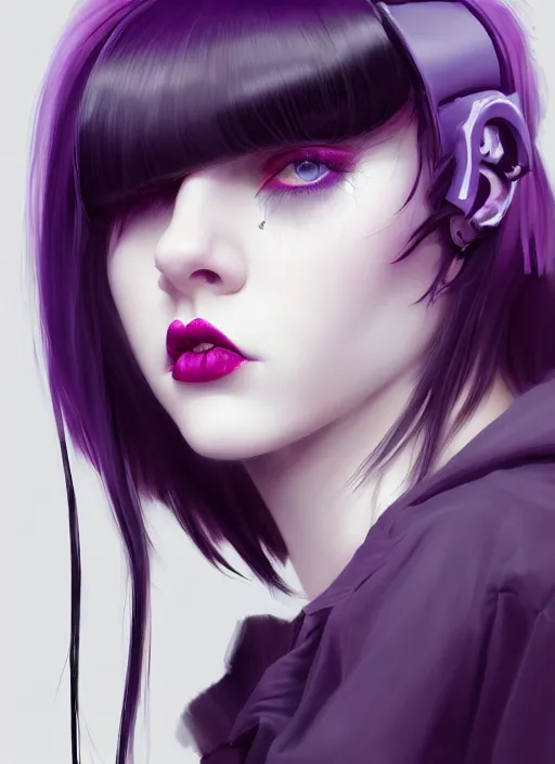 Image similar to portrait of white teenage girl, normal face, black bangs, mall goth, cyberlox, black and white hair, bangs, fluffy bangs, red contacts, purple lipstick, intricate, elegant, highly detailed, digital painting, artstation, concept art, sharp focus, smooth, illustration, art by wlop, mars ravelo and greg rutkowski