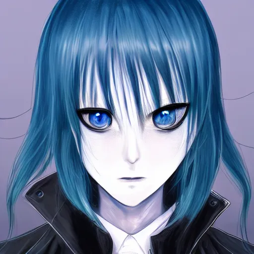 Image similar to full face shot of rimuru tempest, sky blue straight hair, long bangs, closed eyes, wearing a fancy black jacket, high collar, ultra detailed, brush strokes, digital painting, cinematic, wlop artstation, closeup, pixiv, eerie, scary, haunted, spooky, yoshitaka amano, junji ito,